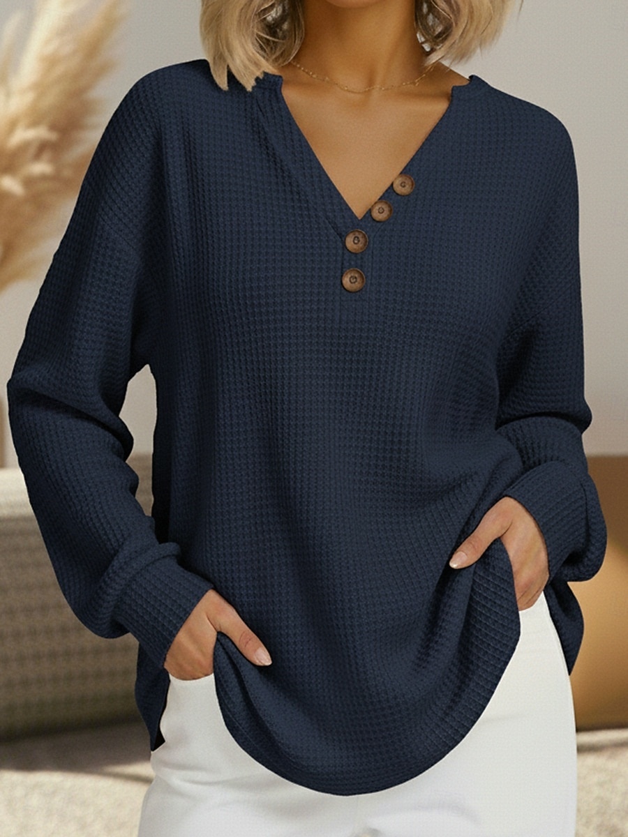 Dam Texturblus Våffelskjorta Våffel T-shirt Blus Knappar Slät Stylish Klassisk Modern Långärmad V-hals Vanliga toppar Dagligen Helgdag Utekväll Svart Vit Rubinrött Marinblå Vår Höst 2026 - $27.99 –P4
