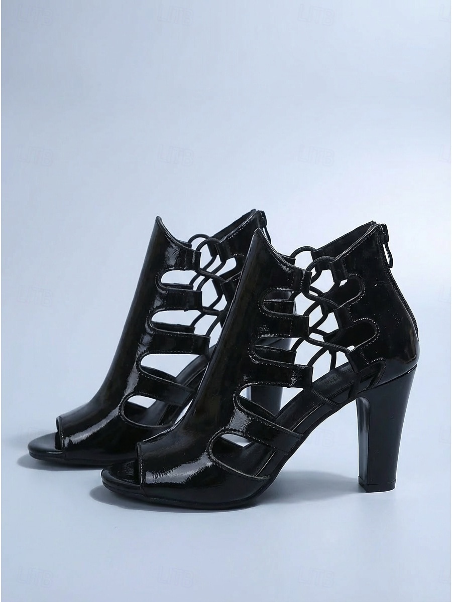 sandali con tacco da donna in similpelle verniciata nera - scarpe da festival musicali audaci con tacco a blocco spesso per Coachella e rave &concerti estivi all'aperto del 2026 a $34.99 –P1