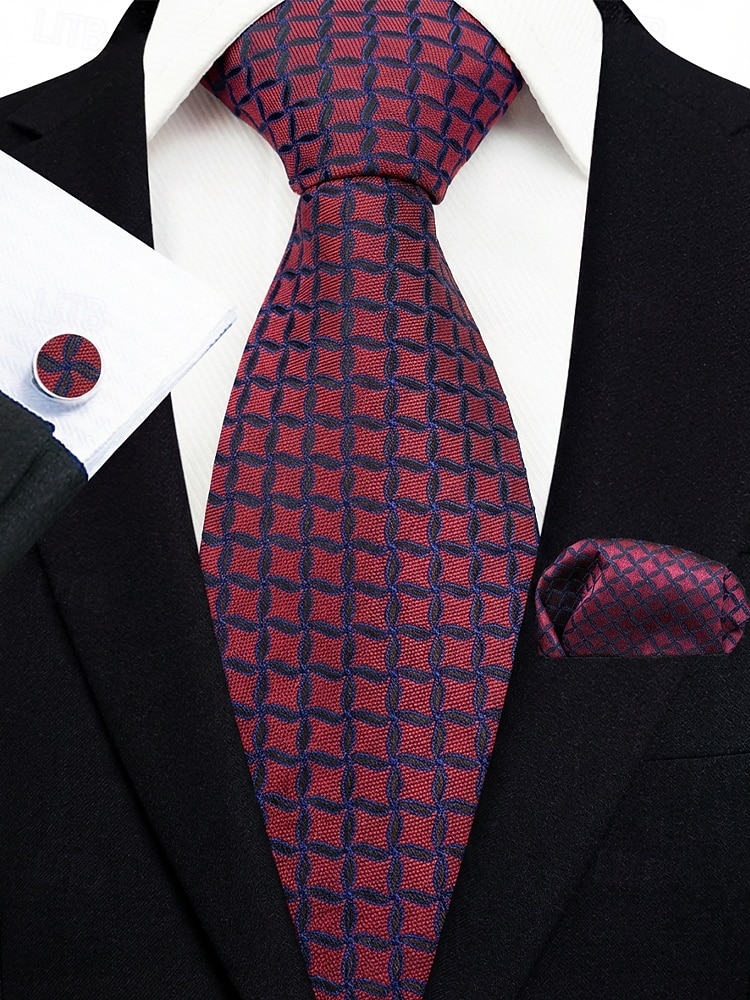 2026年 男性用フォーマルネクタイセット、ポケットチーフとカフスボタン付き - 結婚式、ビジネスパーティー、ガライベントに最適な高級ポリエステルチェック柄ネクタイ - スタイリッシュな花婿の付添人用スーツアクセサリー（複数色）  コレクション – $11.99 –P17