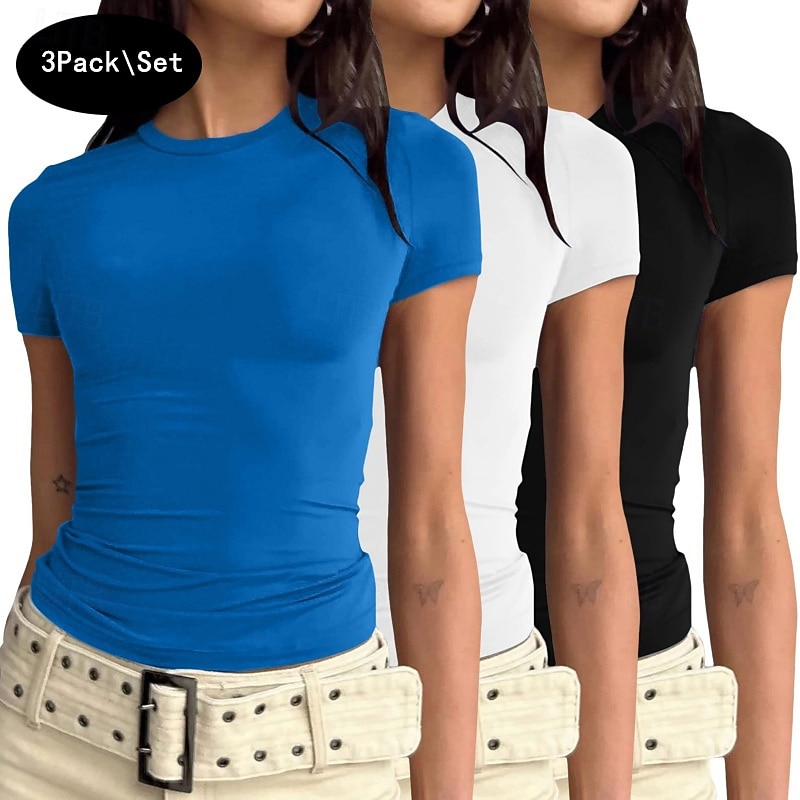 Confezioni multiple Confezione da 3 Femminile Girocollo Manica Corta Nero + bianco + grigio Maglietta Semplice Casuale Quotidiano Poliestere Estate del 2026 a $28.99 –P1