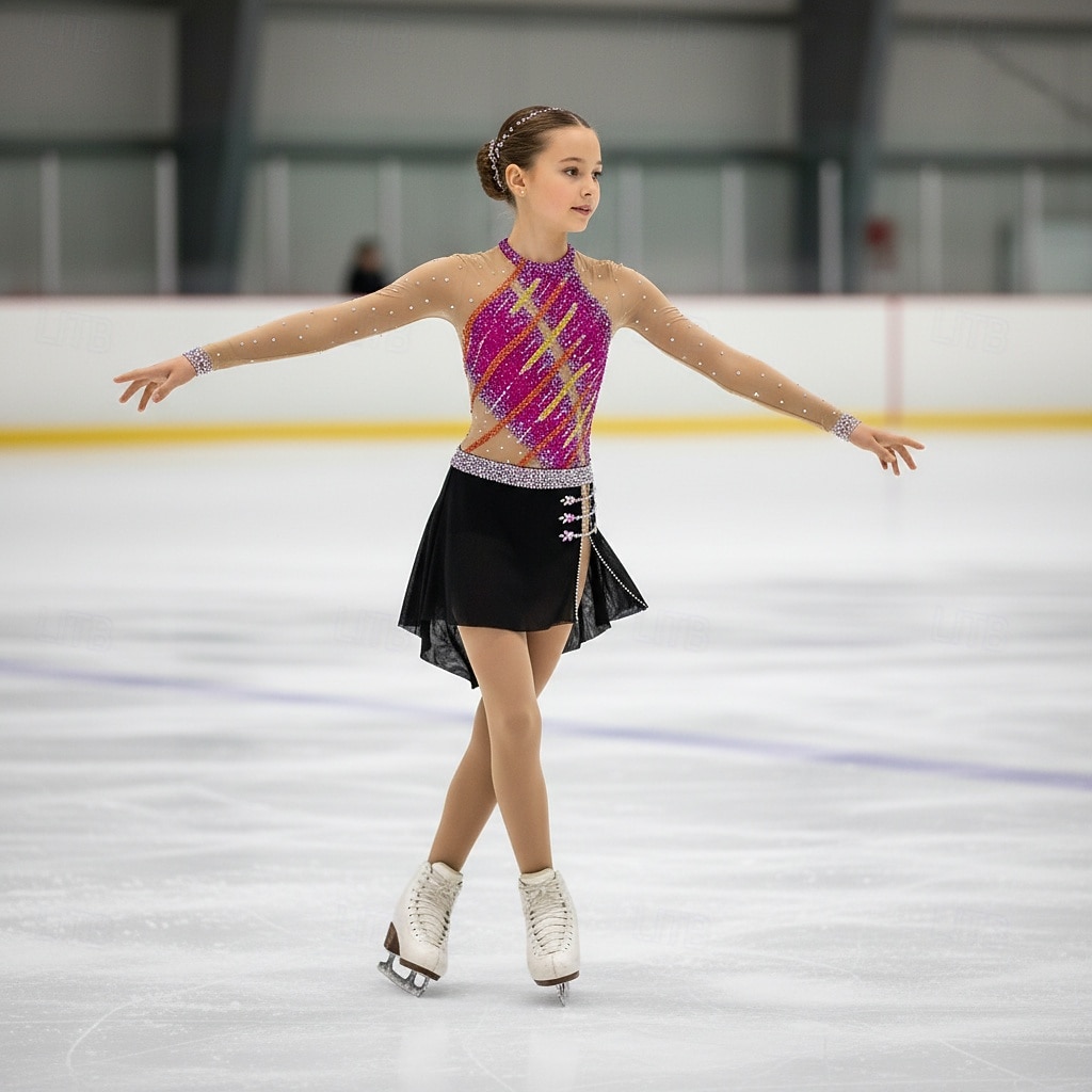 Eiskunstlaufkleid Mädchen Eislaufen Kleid Rosenrot Patchwork Offener Rücken Dehnbar Training Wettbewerb Eiskunstlaufkleidung Klassisch Kristall / Strass Langarm Eislaufen Eiskundstlauf 2026 - $333.09 –P1