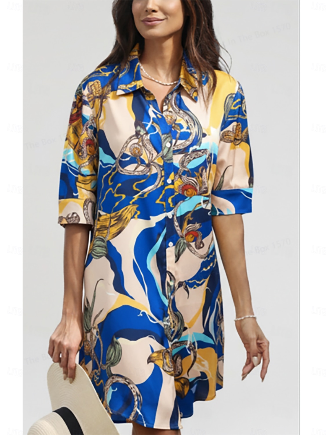 шелковистое атласное платье-рубашка с цветочным принтом цвета океанской синей орхидеи 2026 - $91.99 –P1