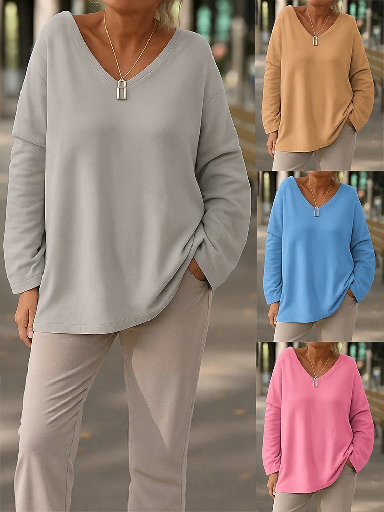 Women's Blouse Solid Color Stylish Casual Long Sleeve V Neck Regular Tops Daily Blue Yellow Pink Gray Spring Fall 2026 - $24.99 –P1
