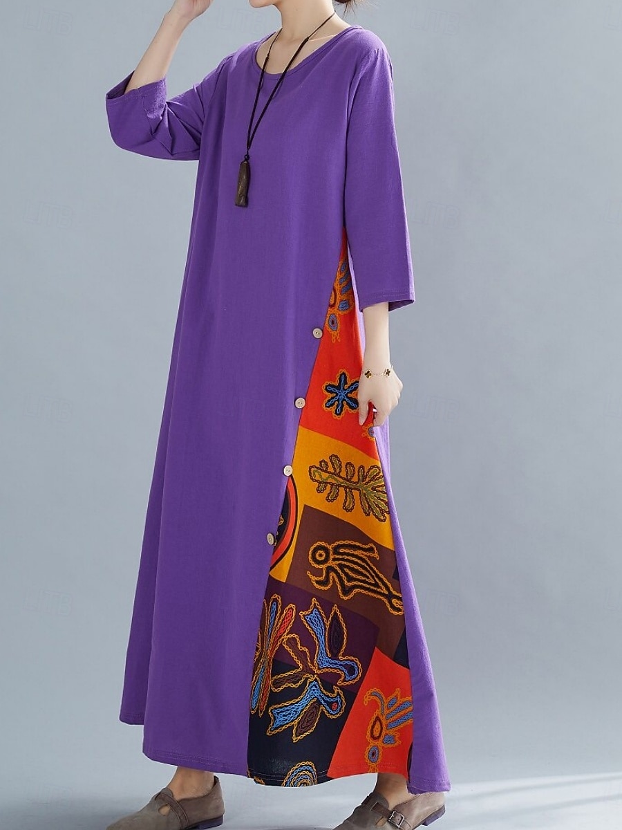 Robe maxi en lin pour femme faux coton robe décontractée coupe ample graphique floral manches 3/4 col rond noir jaune rouge violet été printemps de 2026 ? $22.99 –P14