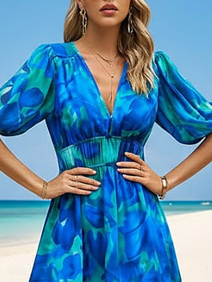 Femmes Robe Midi Robe trapèze Vacances Occasionnel Extérieur Sortir Coupe régulière Fleuri Manche Courte Col en V Bleu Été Printemps de 2026 ? $51.99 –P3