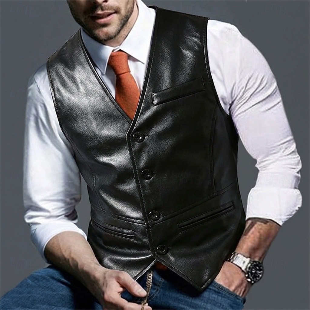 Da uomo Gilet da esterno Gilet in pelle scamosciata Casuale Formale Vintage Moda Tutte le stagioni Tasca Scollo a V Pelle PU Calore Termico Di tendenza Tinta unica Monopetto Scollo a V Aderente Nero del 2026 a $40.99 –P3
