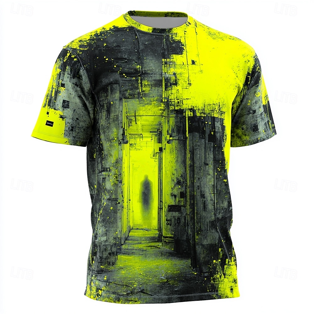 T-shirt da uomo in stile industriale giallo neon con silhouette in ombra, stile grunge, cyberpunk, streetwear, audace, tecnico, taglia normale, casual, abbigliamento rave, abbigliamento s m l xl xxl del 2026 a $21.99 –P1