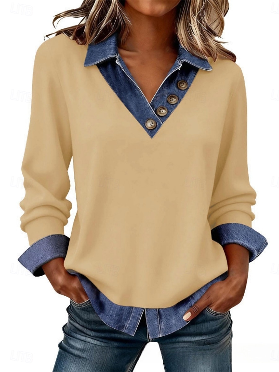 Dames Trui-sweatshirt Lapwerk Knop Effen Casual Lange mouw Revers Normale tops Straat Dagelijks gebruik blauw Zwart Blozend Roze Donkergrijs Abrikoos Lente Herfst Winter 2026 - $36.99 –P2