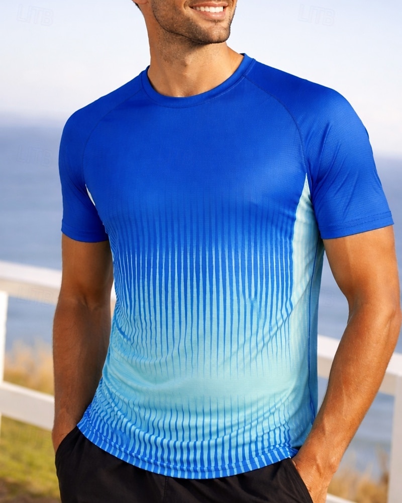 Муж. Градиент Полоски Футболка для бега Компрессионная футболка Спортивная рубашка Спортивный топ Лето С короткими рукавами Быстровысыхающий Влагоотводящие Дышащий 2026 - $15.49 –P4