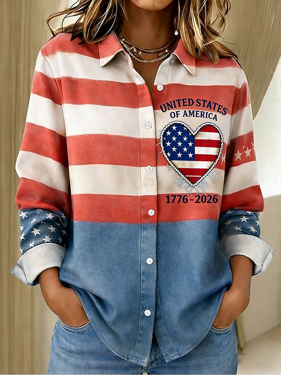 Ziua Independenței Americane Tricou pentru Femei Cu Butoni Print Grafic Aniversarea Americii Vintage Elegant Modern Manșon Lung Cămașă Guler Lung Regular Bluie Alb Vară Primăvară 2026 - $32.99 –P2