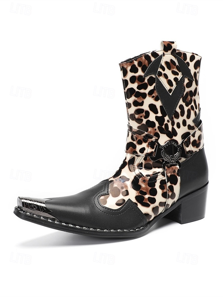 Botas masculinas de couro legítimo para festivais, com estampa de leopardo, ideais para música. de 2026 por $189.99 –P4