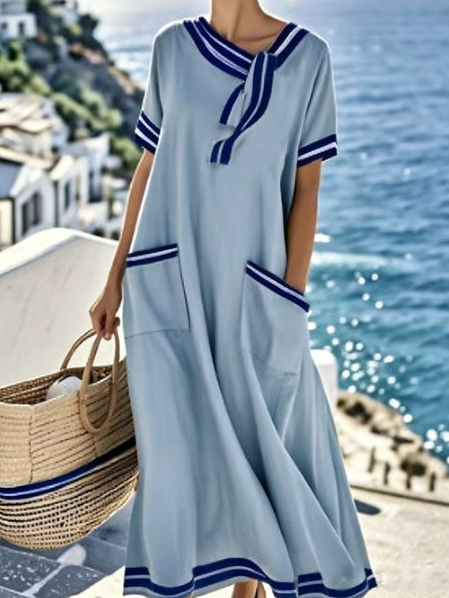 Femmes Robe maxi Robe Décontractée Robe évasée Élégant Mode Moderne Extérieur Vacances Sortir Coupe Ample Rayé Manche Courte Col à lacets Blanche bleu marine Été Printemps de 2026 ? Kč686 –P2
