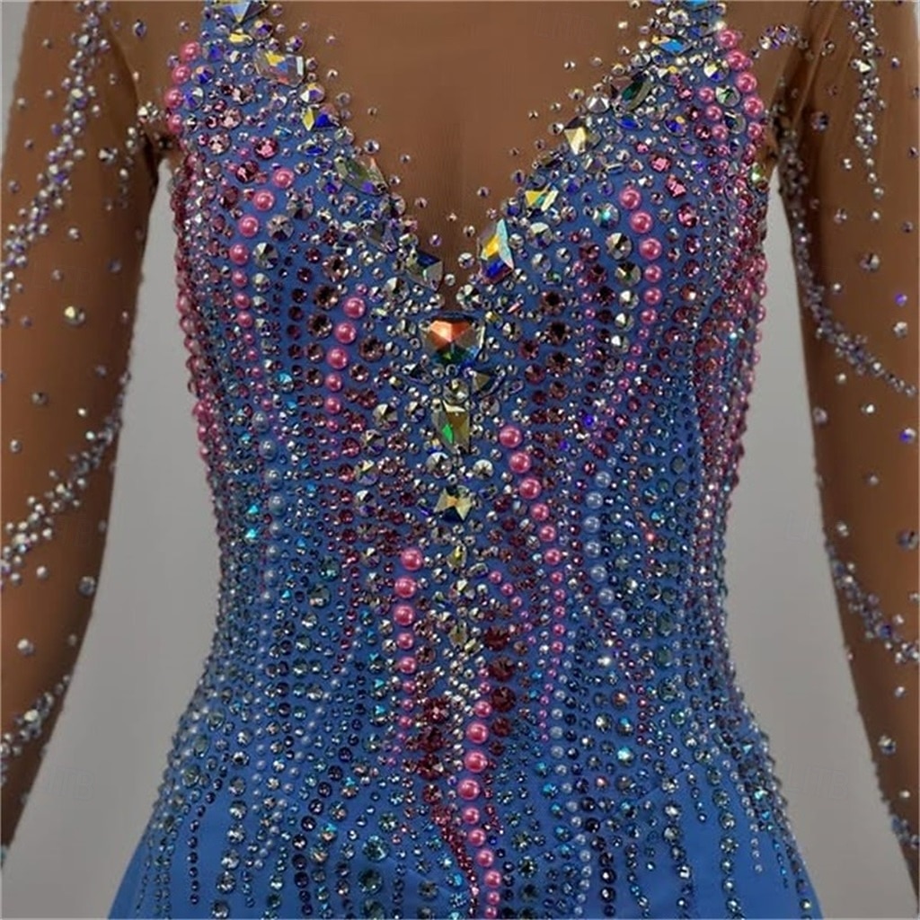 Figure Skating Dress Girls' Ice Skating Dress Sky Blue Patchwork Open Back Stretchy Training Competition Skating Wear Classic Crystal / Rhinestone Long Sleeve Ice Skating Figure Skating 2026 - $316.39 –P5