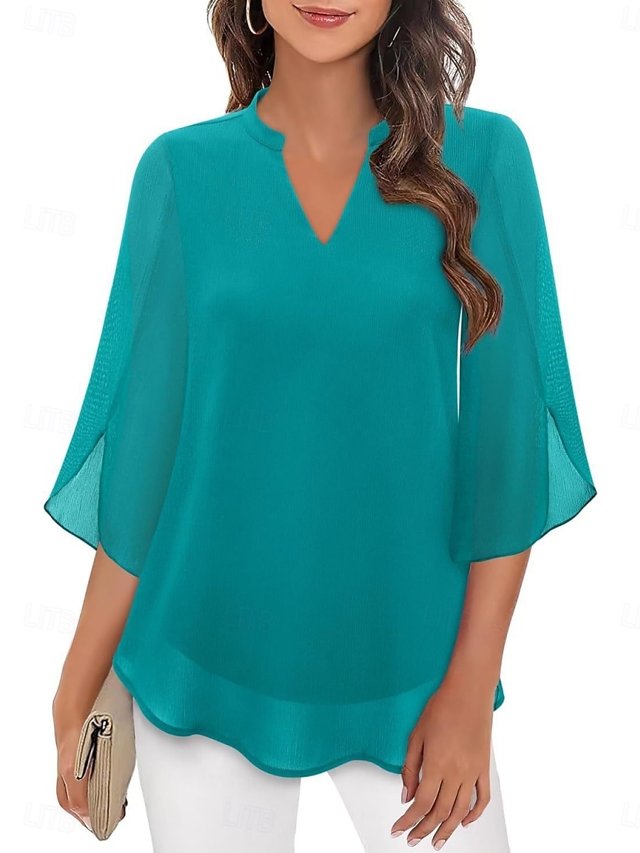 Women's Blouse Solid Color Elegant Stylish Casual 3/4 Length Sleeve V Neck Regular Tops Daily Pink Wine Red Royal Blue Green Summer Spring 2026 - $21.99 –P10