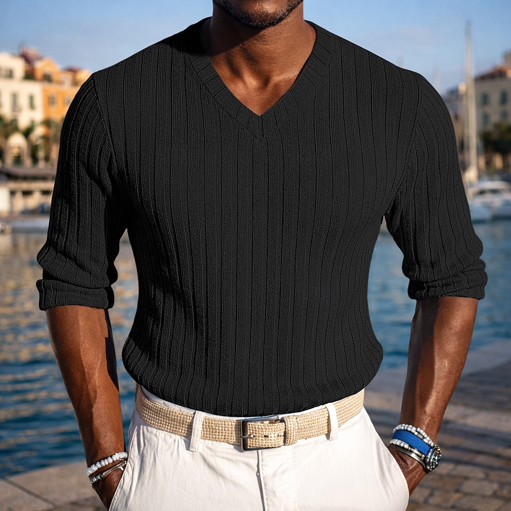Homme T-shirt Débardeur Musclé T-shirt en tricot côtelé Chemise à Manches Longues manche longue Col en V Printemps Automne Hiver Uni Bande de Fosse Mode Designer Basique Tricot Occasionnel Vacances de 2026 ? $18.99 –P12