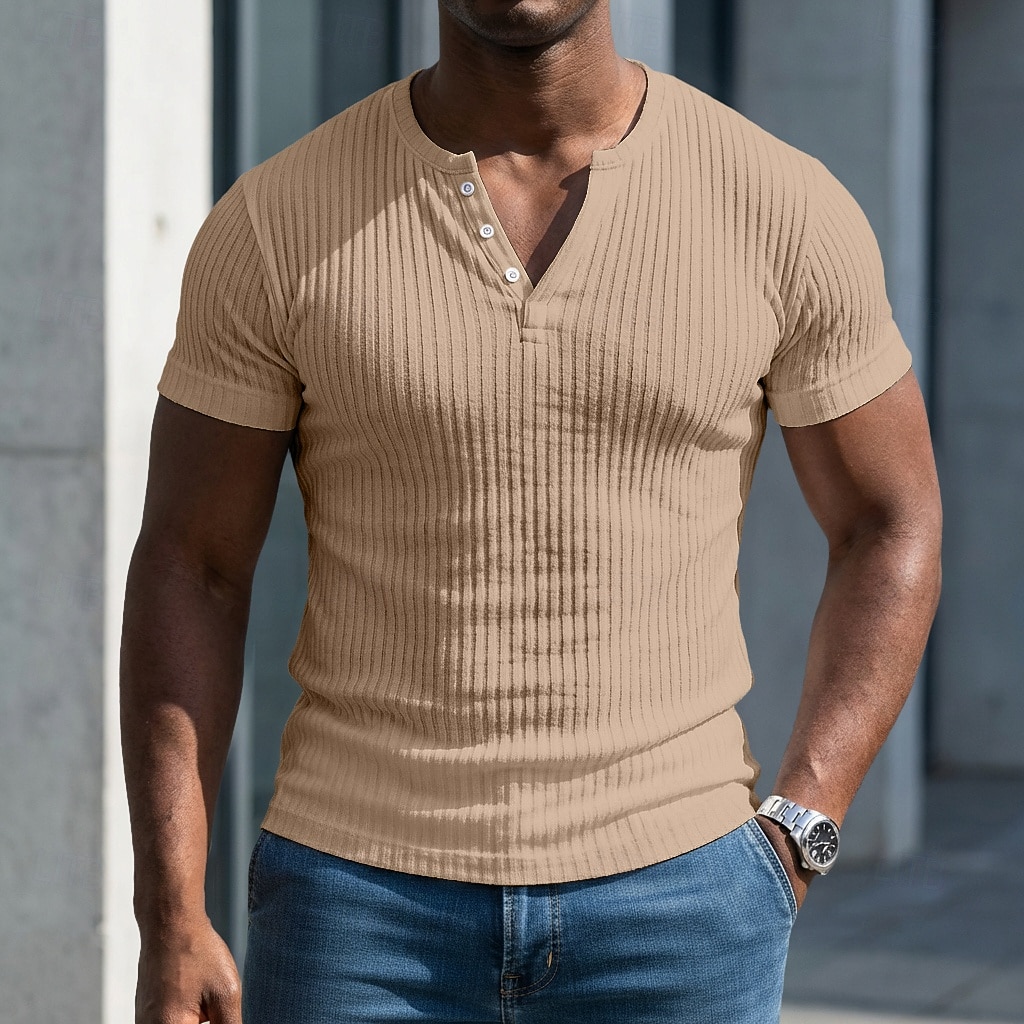 Bărbați Tricou Cămașă musculară Tricou din tricot cu nervuri Tee Top Manșon scurt Mânecă scurtă În V Henley Vară Primăvară Toate Sezoanele Simplu Pit Strip Modă Designer De Bază Nasturi Casual 2026 - $20.99 –P5