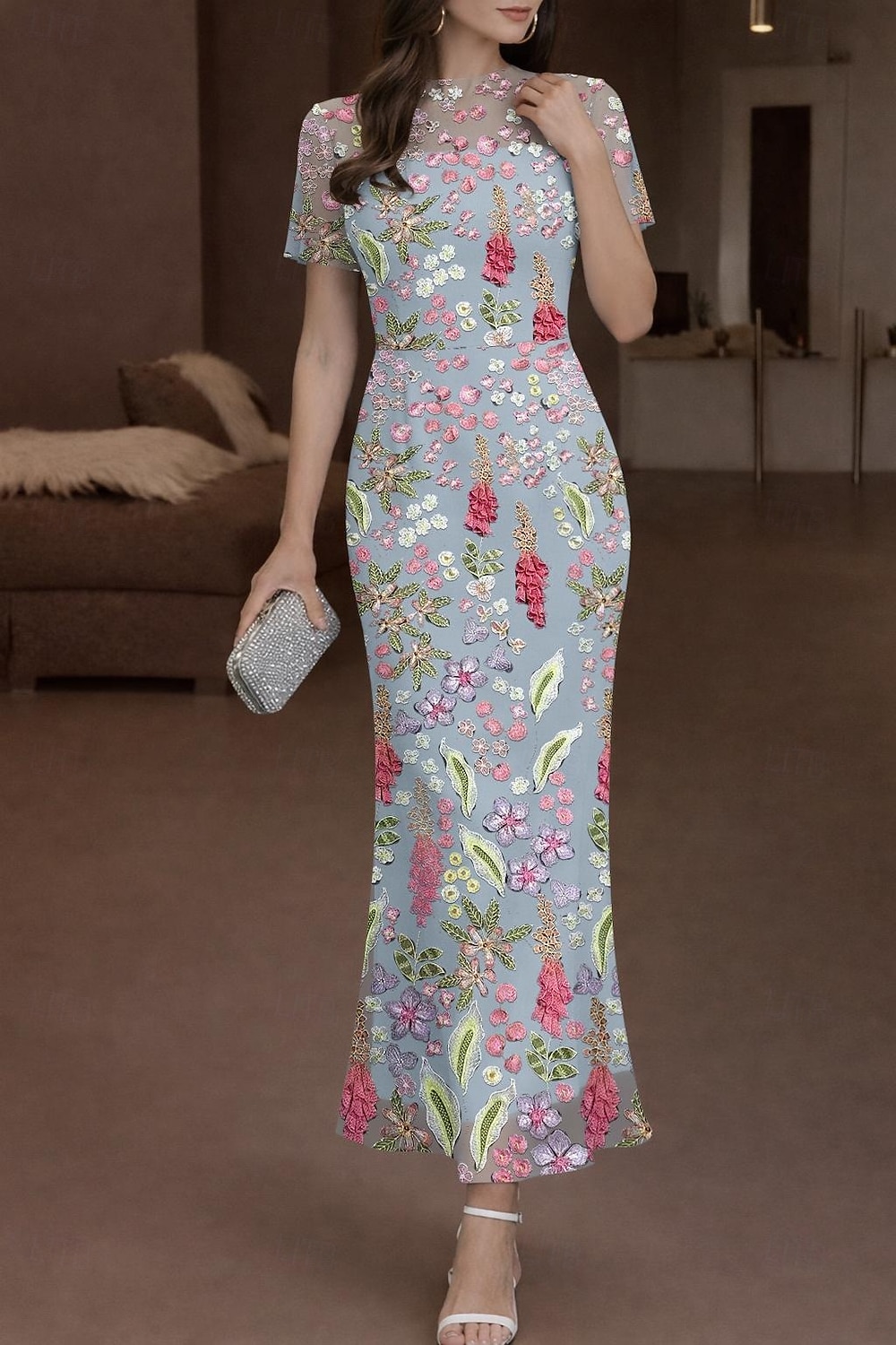 Mermaid Trumpet Ankle Length Cocktail Dresses Elegant Vintage Floral Short Sleeve Crew Neck Wedding Formal Lace with Embroidered Flower 3D Flowers Appliques 2026 - $194.99 –P1