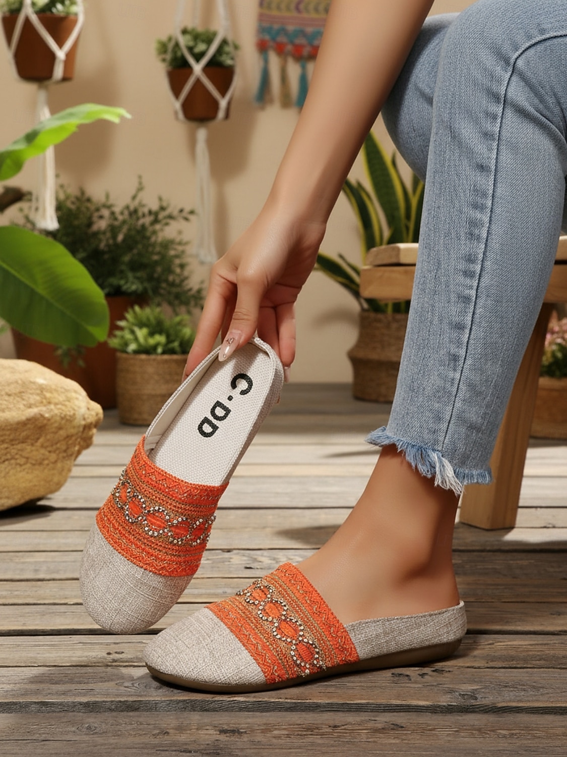 muli ricamati bohémien arancioni da donna - slip-on etniche in tela di lino per picnic estivi, vacanze &passeggiate in spiaggia del 2026 a $18.99 –P6