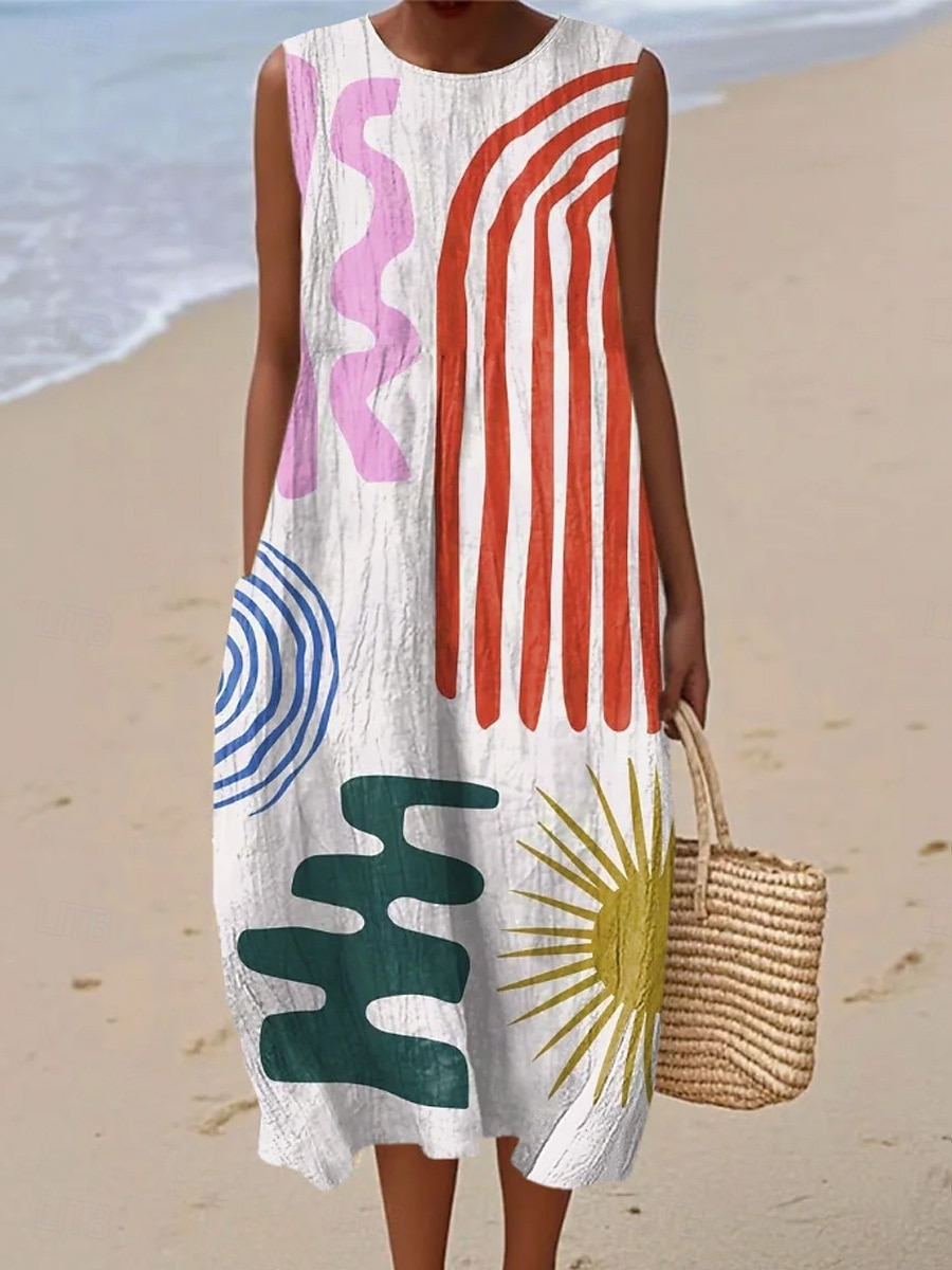 Women's Midi Dress Shift Dress Sundress A Line Dress Vacation Casual Boho Beach Going out Loose Fit Graphic Geometric Abstract Sleeveless Crewneck White Yellow Green Khaki Summer Spring 2026 - $37.99 –P4