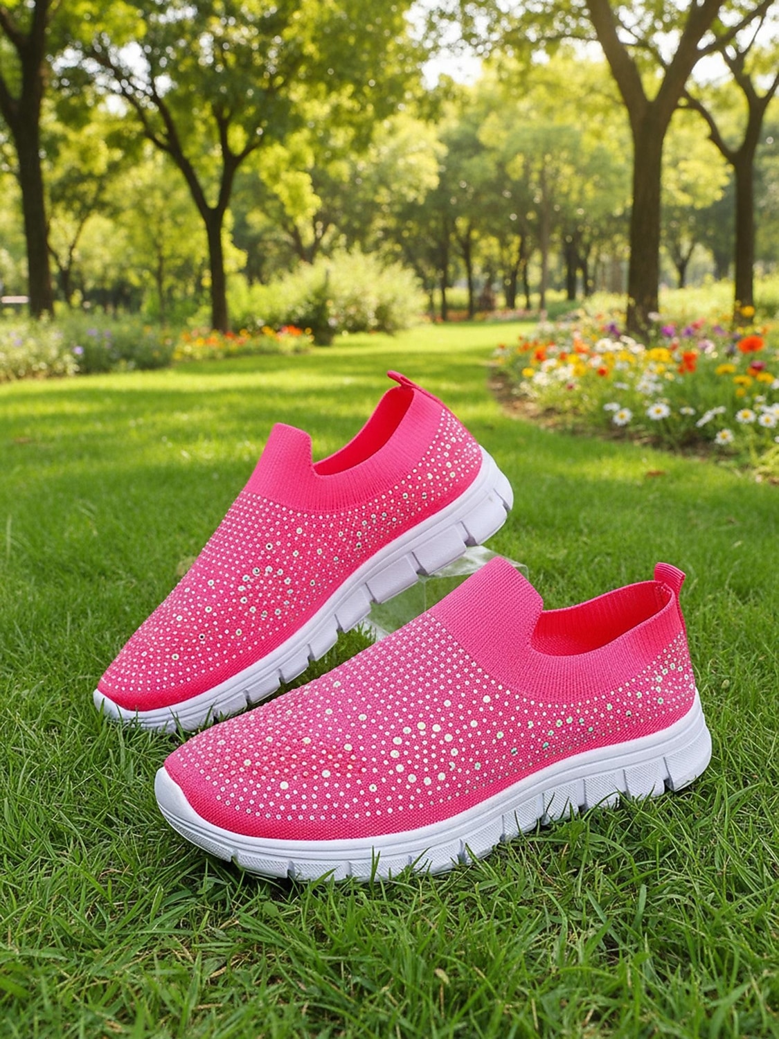 scarpe da ginnastica slip-on da donna con strass rosa - tomaia in Flyknit traspirante, leggere &scarpe sportive casual scintillanti per camminare, fare jogging, viaggiare, indossare ogni giorno del 2026 a $24.99 –P6