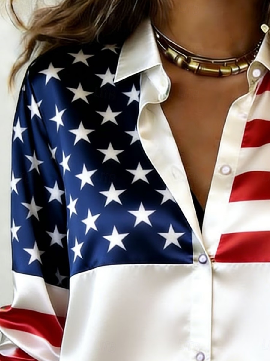 American Independence Day Women's Shirt Satin Shirt Button Down Shirt Casual Shirt Print Graphic American Flag Stylish Classic Casual Long Sleeve Shirt Collar Regular Tops Daily Holiday Going out 2026 - $29.99 –P2