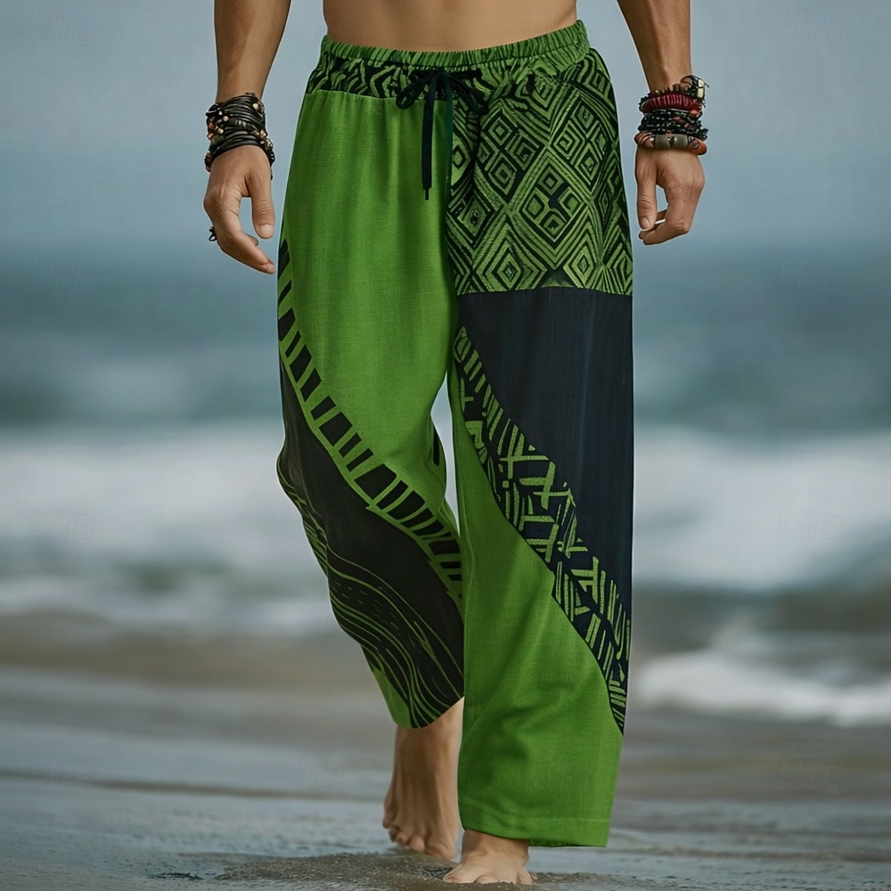 Men's Geometric Color Block Trousers Baggy Pants Casual Pants Mid Waist Fashion Home Outdoor Vacation Elastic Drawstring Waist Linen-Like Pants with Pockets Summer Spring 3D Print Blue Red Purple 2026 - $27.99 –P3