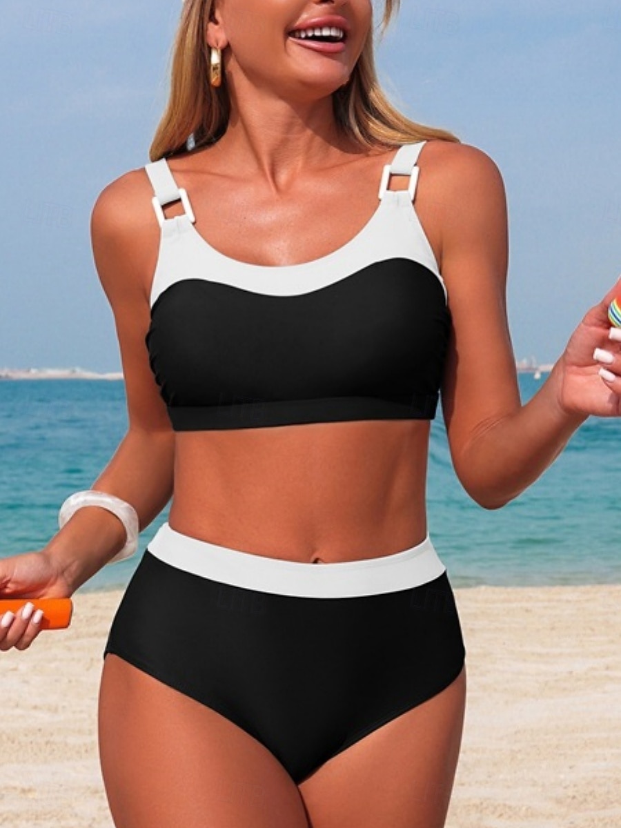 Damen Badeanzug Bikini Zweiteilig Slips Bademode Bauchkontrolle Hohe Taille Schlank Rückenfrei Urlaub Strandbekleidung Farbblock U-Ausschnitt Ärmellos Badeanzüge 2026 - $29.99 –P2