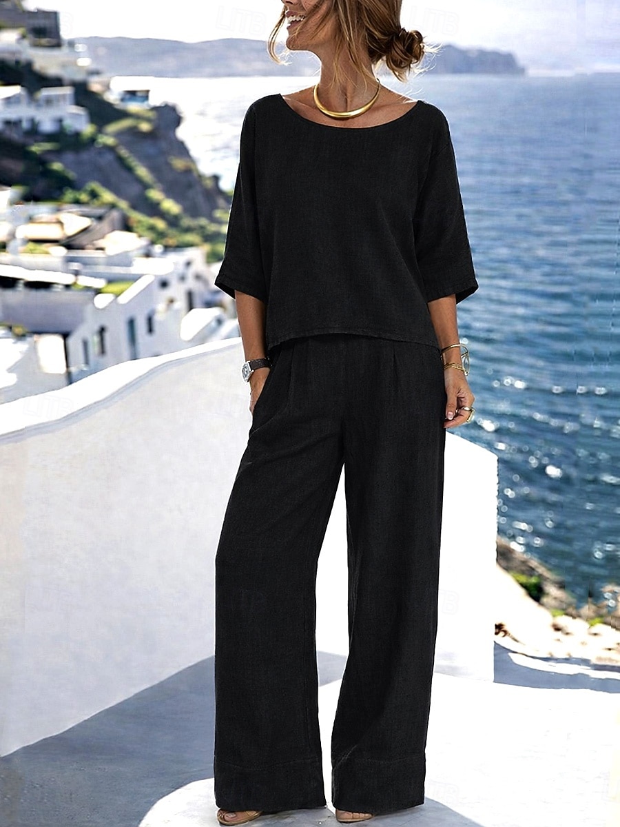 Mulheres Conjuntos de linho de algodão Conjuntos de calças Bolero Top Meia Manga Gola Redonda Côr Sólida Moda Roupa de rua Casual Diário Ao ar livre Azul Preto Branco Verão Normal de 2026 por $35.99 –P7