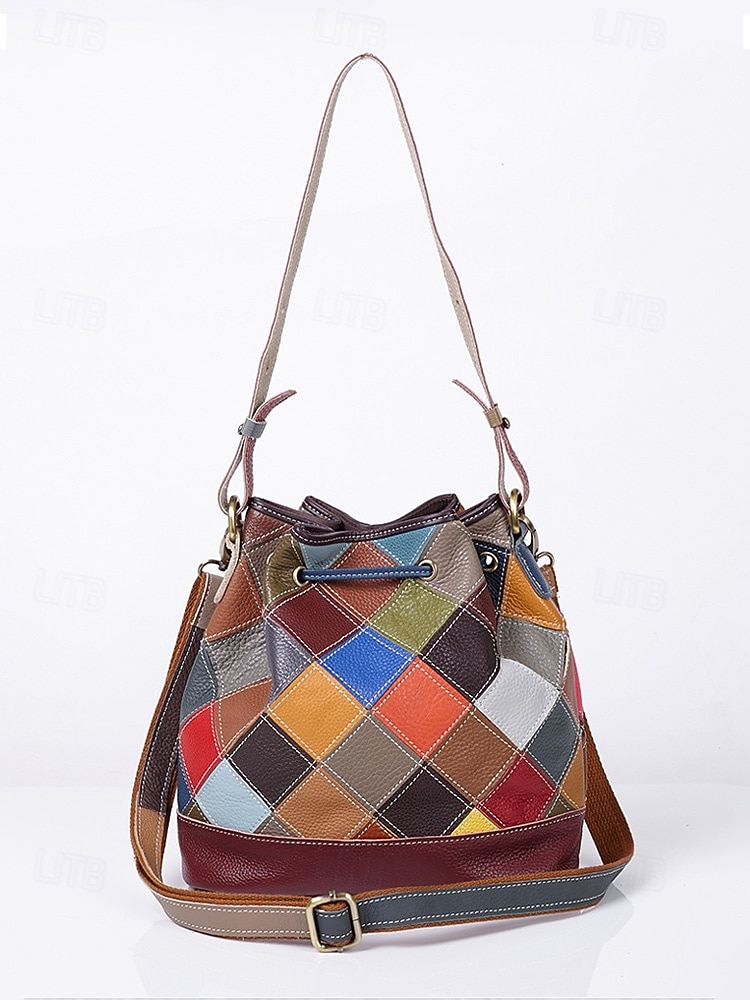 női bohém bőr vödörtáska, többszínű virágmintával, sokoldalú viselet, állítható vállpántok, tökéletes a mindennapi használatra 2026 - $54.99 –P6