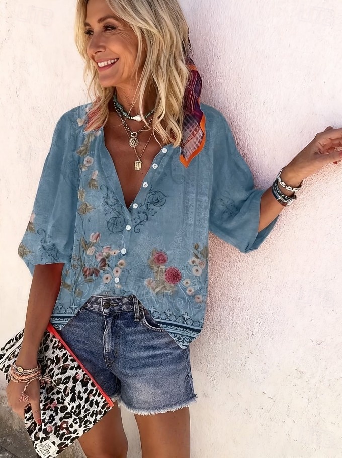 Жен. Рубашка С принтом Омбре Цветочный принт Графика Богемия Винтаж Повседневные Рукав 3/4 V-образный вырез Обычные топы Повседневные Праздники Одежда для пляжа 2026 - $42.99 –P2