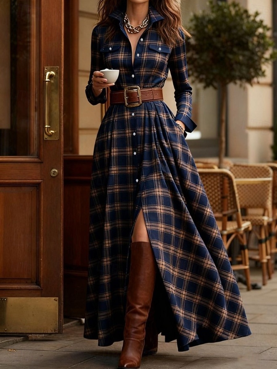 Damen Maxikleid Shiftkleid Urlaub Lässig Boho Täglich Normale Passform Karomuster Langarm Hemdkragen Blau Gelb Rosa Rote Frühling Herbst Winter 2026 - $58.99 –P8