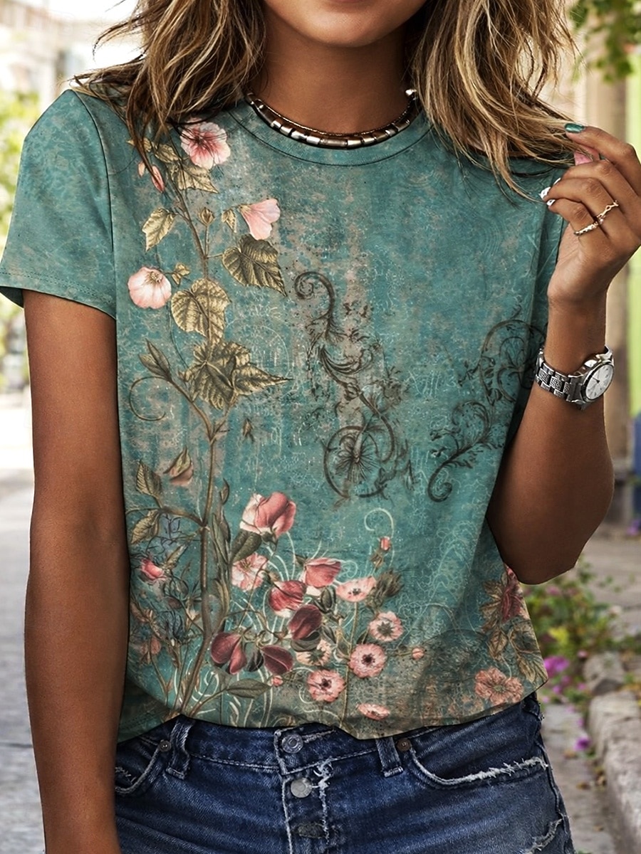 Per donna Maglietta Stampato Floreale Grafico Paisley Bohemien Vintage Elegante Manica Corta Girocollo Scollo a V Top lunghi Quotidiano Uscire Weekend Blu Nero Verde chiaro Viola Verde Estate del 2026 a $7.99 –P13