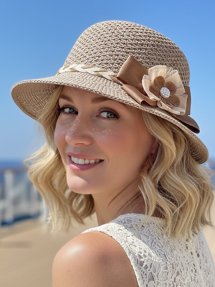 Dámský skládací bohémský slaměný klobouk proti slunci – lehká prodyšná polyesterová plážová čepice s květinovou mašlí, více barev pro letní dovolenou, běžné nošení i cestování 2026 - $5.99 –P1