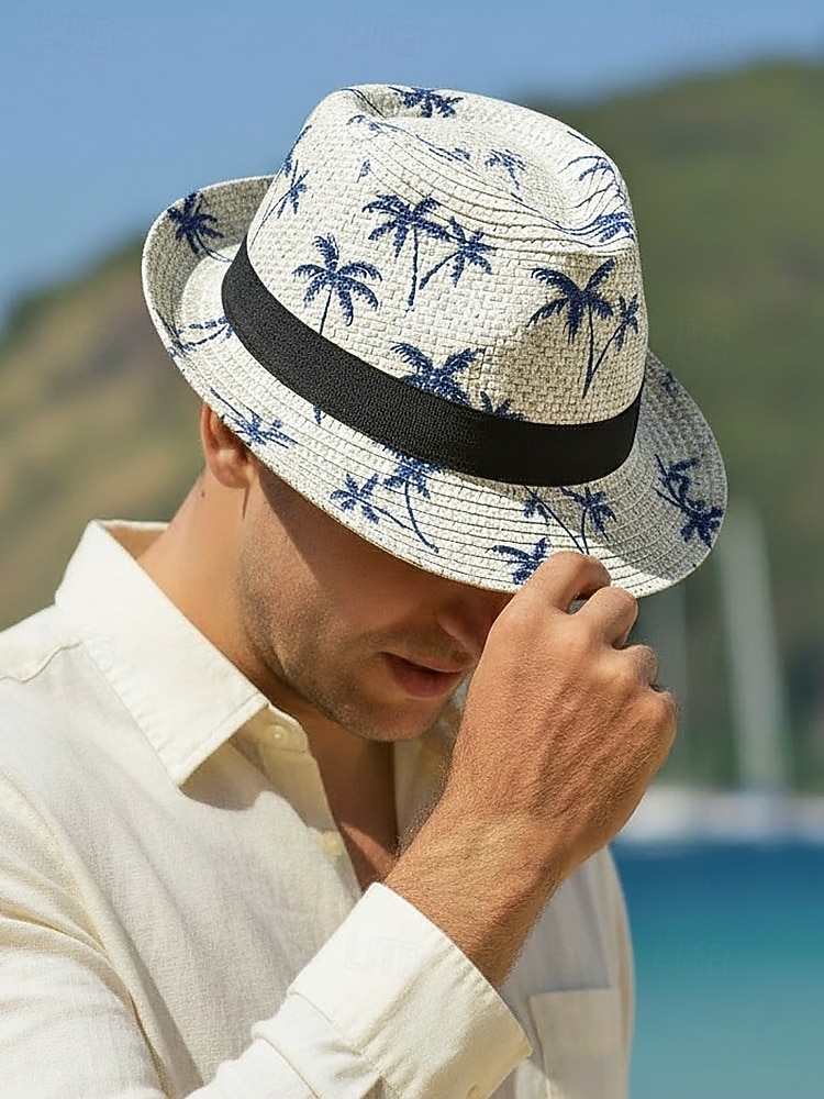 Sombrero fedora de paja para hombre con estampado de palmeras, ligero y transpirable, tejido para verano, disponible en varios colores, estilo informal de resort para vacaciones en la playa en primavera y uso diario. 2026 - $19.99 –P2