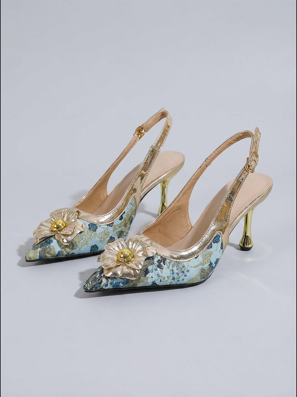 Women's Blue Floral Slingback Heels with Gold Trim - Elegant Kitten Heel Pumps for Mother of the Bride at City Weddings 2026 - $42.99 –P1
