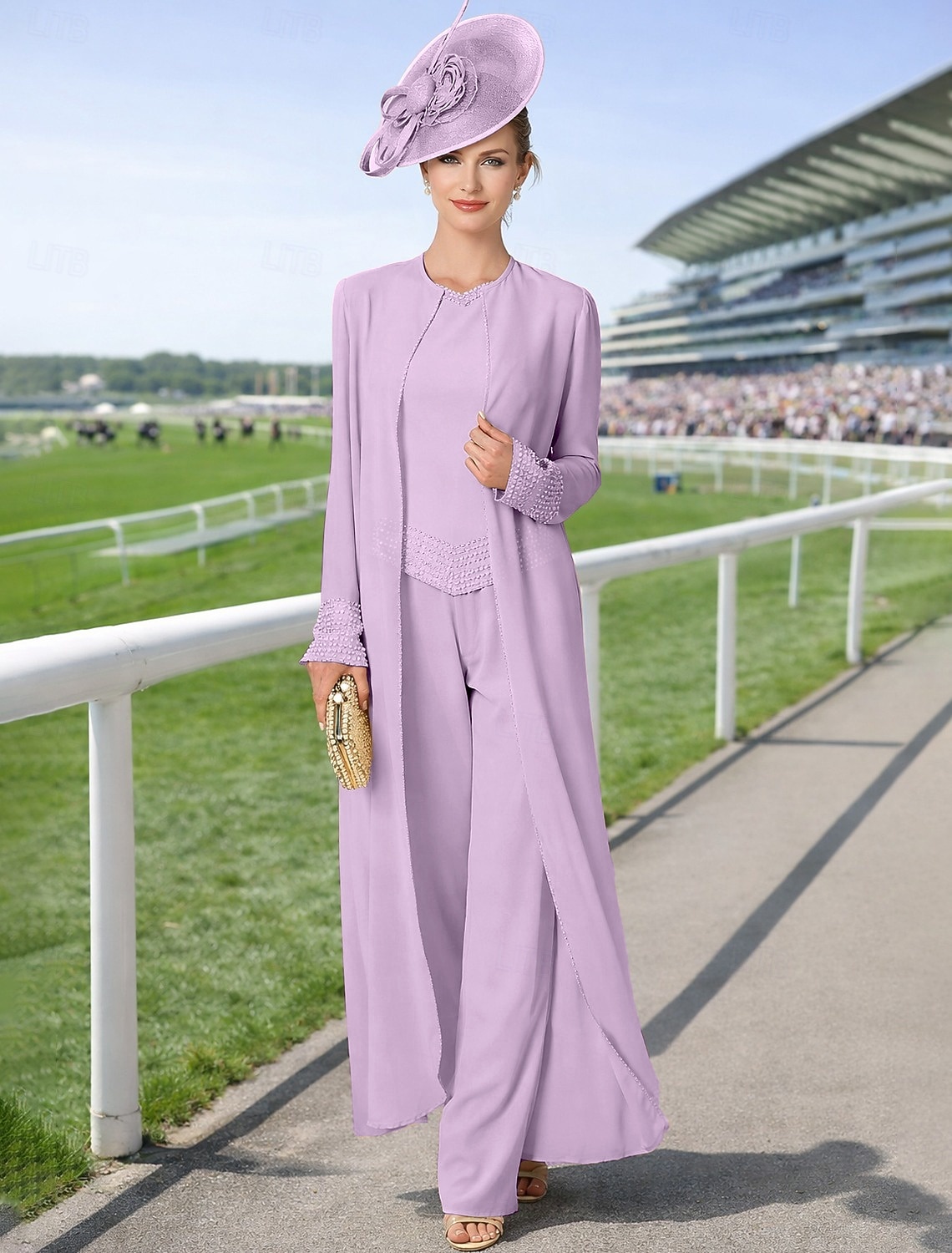 Overall Hosenanzug Dreiteilig Bodenlang Brautmutterkleid Langarm Bateau-Ausschnitt Elegant Übergröße Mit Schal Formell Hochzeitsgast Chiffon Mit Schal mit Perlenstickerei 2026 - $183.99 –P3
