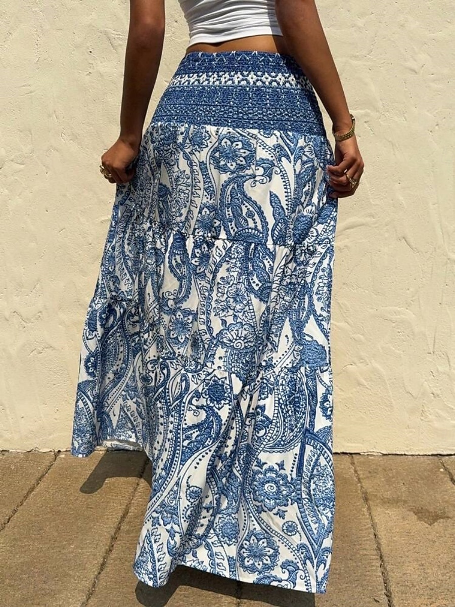 Damen Urlaubsrock Bohemien Vintage Lässig Maxi Hohe Taille Röcke Blumen Druck Mikroelastisch Täglich Straße Blau Sommer 2026 - $25.99 –P2