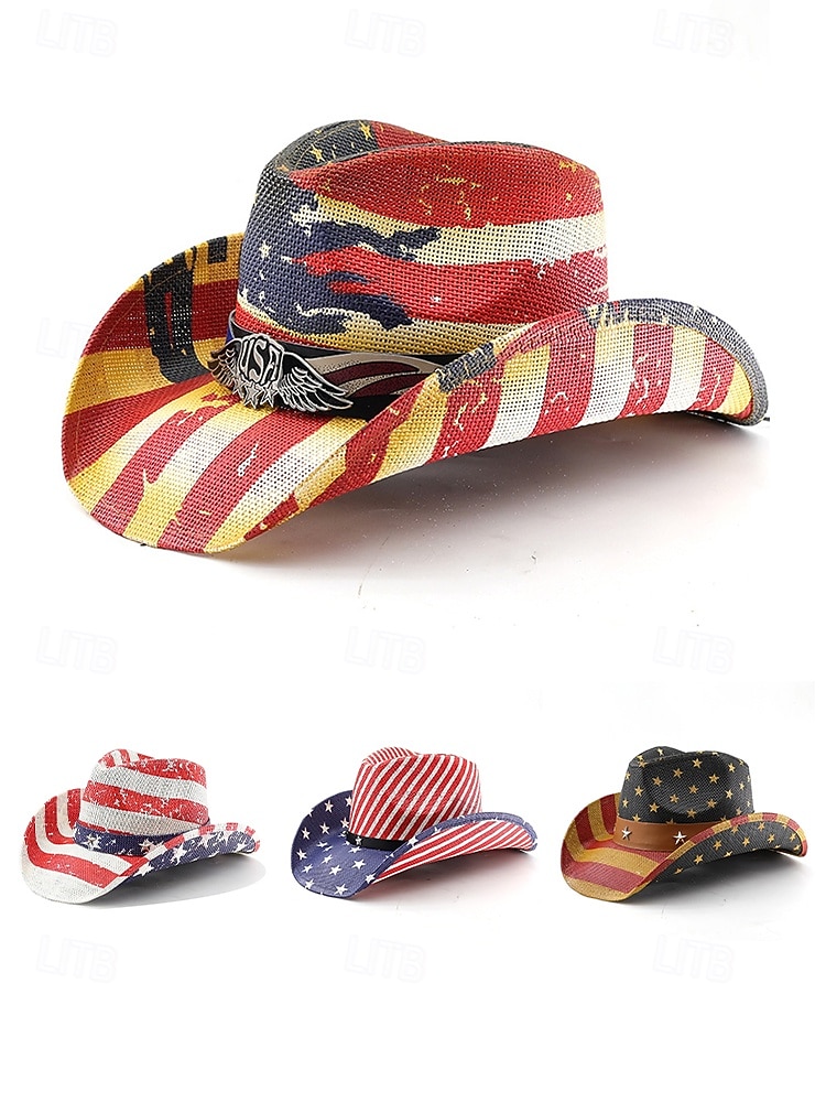 250. výročí Spojených států pánský slaměný westernový klobouk s potiskem vlastenecké vlajky prodyšný tkaný fedora styl v několika designech festivalové prázdninové a volnočasové nošení 2026 - $29.99 –P4