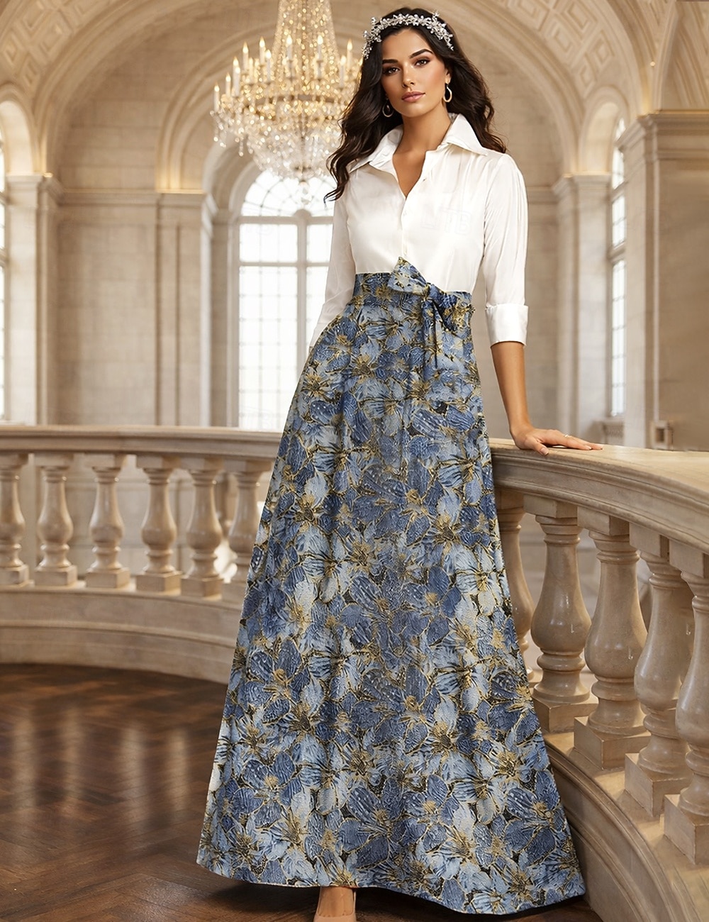 A-Linie Na zem Košilové šaty Šaty pro svatební hosty Formální šaty Šaty pro matku nevěsty Dlouhý rukáv Košilový límec Elegantní Vinobraní Formální Strečová látka s Mašle Barevné bloky 2026 - $186.99 –P1