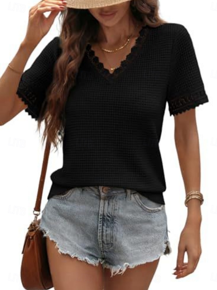 Dames T-shirt Kant Lapwerk Effen Modieus Stijlvol Klassiek Korte mouw V-hals Normale tops Dagelijks Uitgaan Weekend blauw Zwart Wit Leger Groen Groen Zomer Lente 2026 - $25.99 –P11