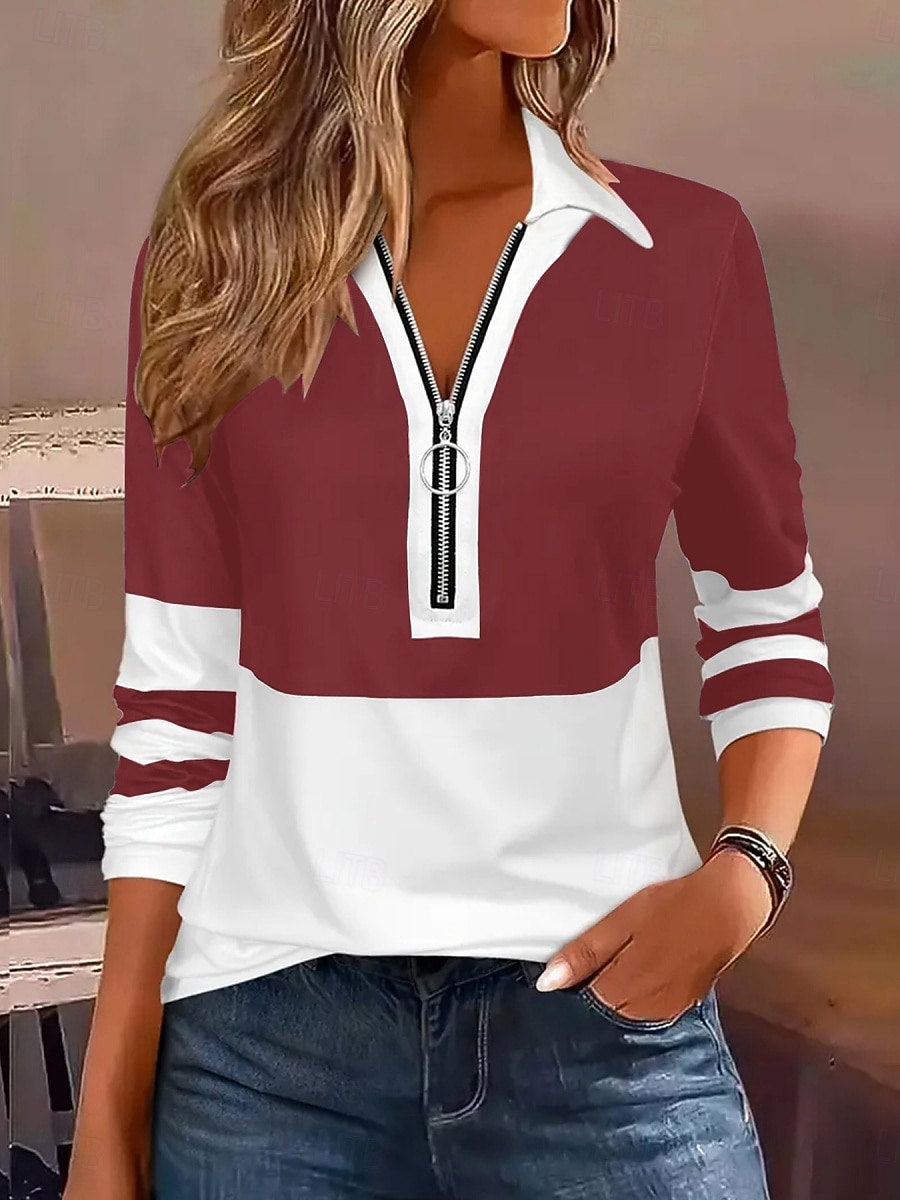 Women's Blouse Zipper Striped Stylish Casual Long Sleeve Turndown Regular Tops Daily Blue Black Wine Brown Green Spring Fall 2026 - $22.99 –P5