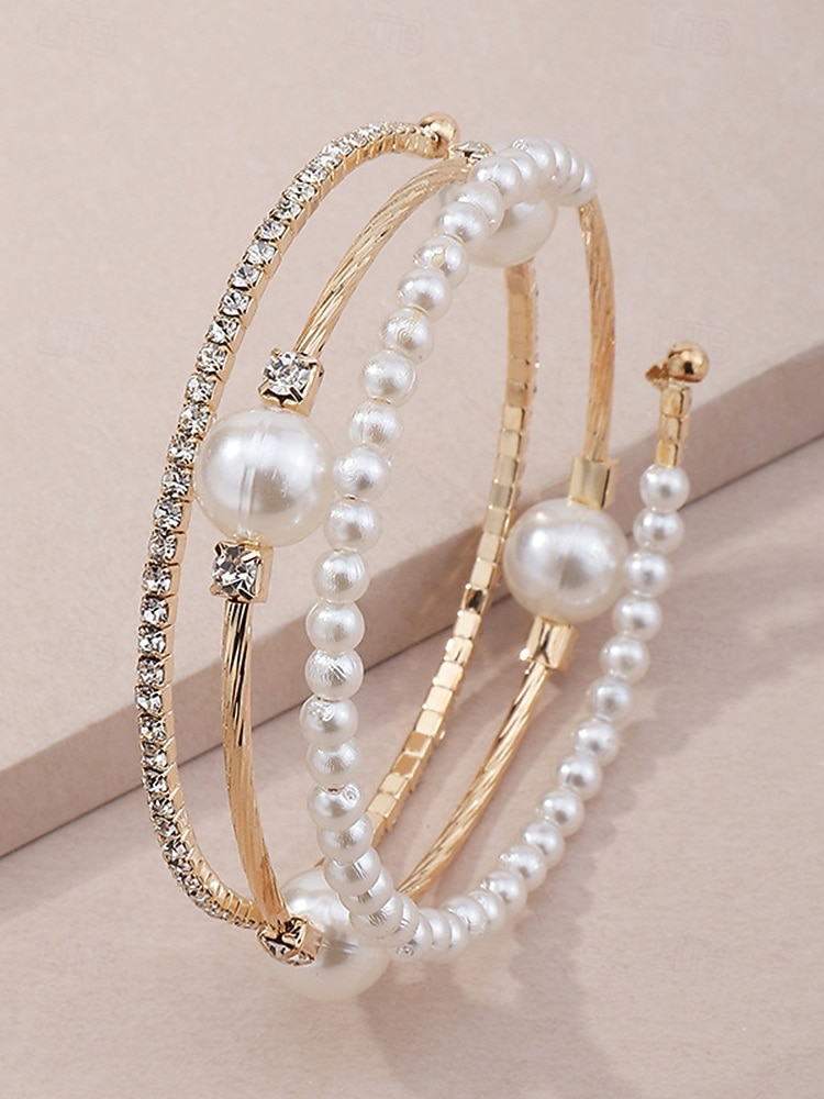 Armbåndssett med tre lag i kunstperlelegering til dame, stablebare armbånd i gull og sølv med elegante perler og krystalldetaljer, vintage brudesmykker til bryllup, kveldsfester og formelle arrangementer 2026 - $7.99 –P6