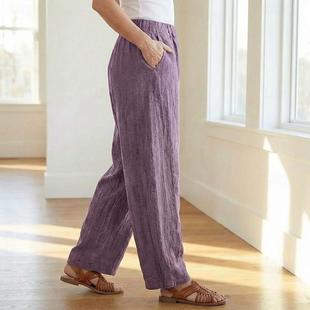 70% Linen Women's Linen Pants Chinos Summer Pants Bloomers Vacation Streetwear Basic Full Length Medium Waist Plain Pocket Elastic Waistband Comfy Inelastic Daily Outdoor Street Violet Teal Dark 2026 - $49.99 –P7