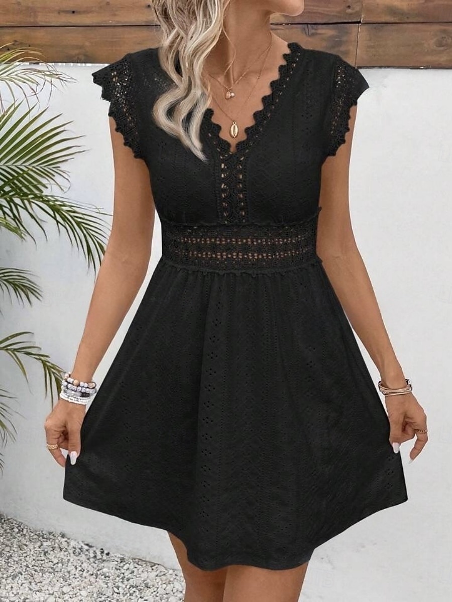 Dames Halflange jurk Kanten jurk Witte jurk Jurk met oogjes Elegant Modieus Modern Casual Dagelijks Buiten Normale pasvorm Effen Mouwloos V-hals Zwart Wit Zomer Lente 2026 - $25.99 –P6