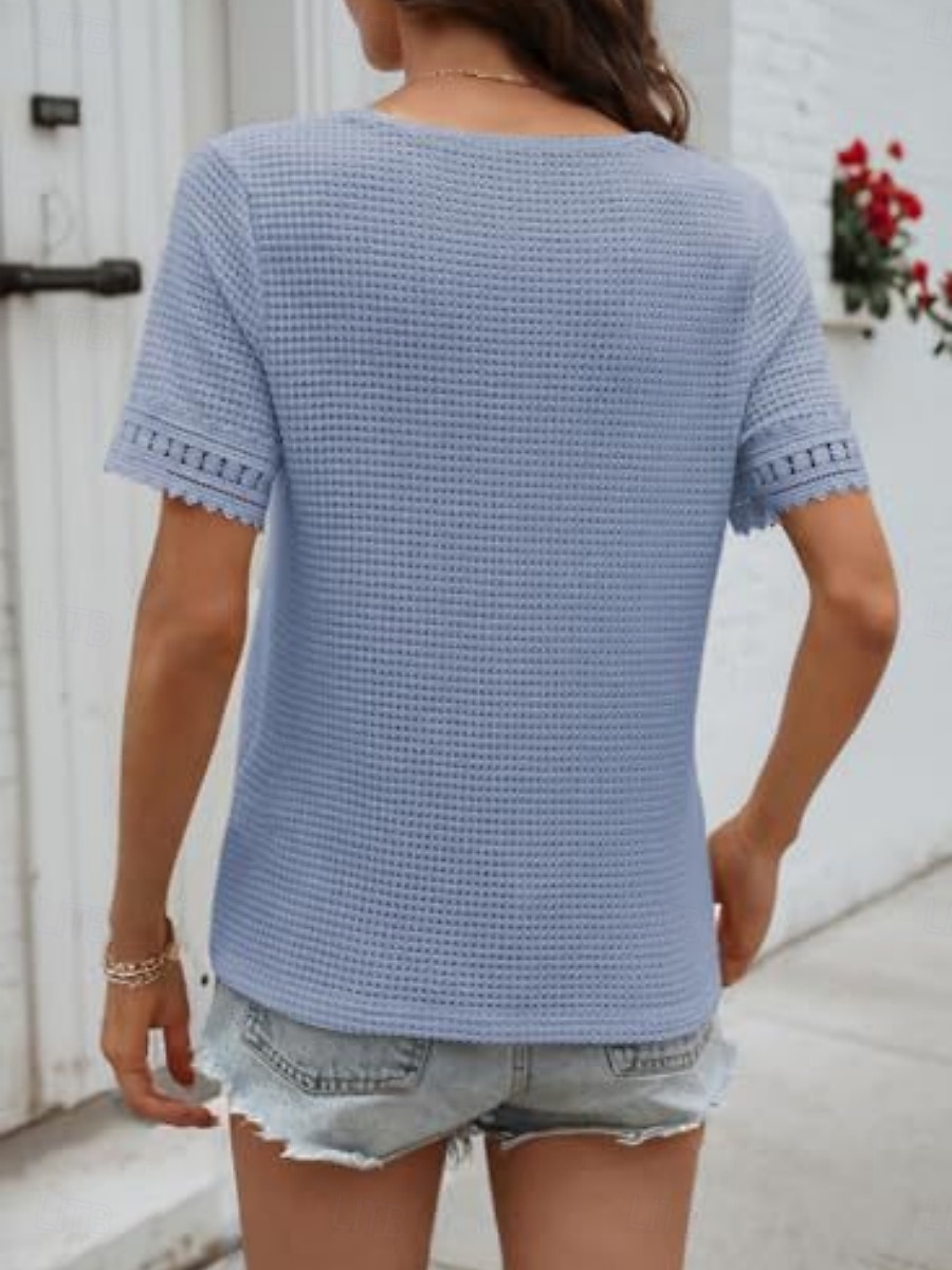 Dames T-shirt Kant Lapwerk Effen Modieus Stijlvol Klassiek Korte mouw V-hals Normale tops Dagelijks Uitgaan Weekend blauw Zwart Wit Leger Groen Groen Zomer Lente 2026 - $25.99 –P14