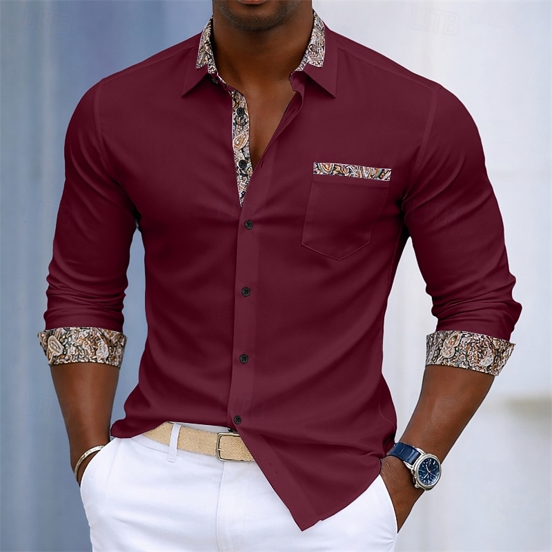 Men's Shirt Dress Shirt Button Up Shirt Cashew nuts Daily Business Black White Red Long Sleeve Turndown Spring All Seasons Clothing Apparel Patchwork 2026 - $31.99 –P3