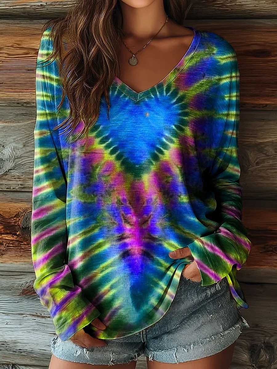 Damen T Shirt Druck Herz Grafik Batik Bohemien Vintage Ethnisch Langarm V Ausschnitt Normale Oberteile Täglich Blau Gelb Rote Purpur Grün Sommer Frühling Herbst 2026 - $26.99 –P3
