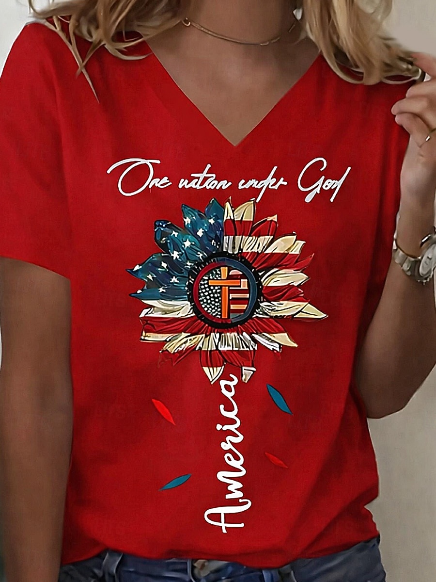 День независимости Патриотичная женская футболка с графическим флагом винтажная стильная классическая короткие рукава V-образный вырез обычные топы повседневные выходные принт черный белый желтый 2026 - $22.99 –P6
