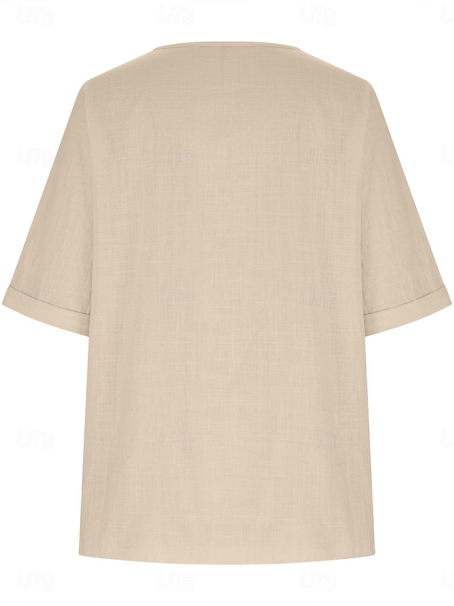 Damen Bluse Hemd aus Leinenimitat Knöpfe Einfarbig Stilvoll Basic Lässig Halbarm Rundhalsausschnitt Normale Oberteile Täglich Blau Schwarz Weiß Armeegrün Rote Sommer Frühling Herbst 2026 - $21.99 –P5