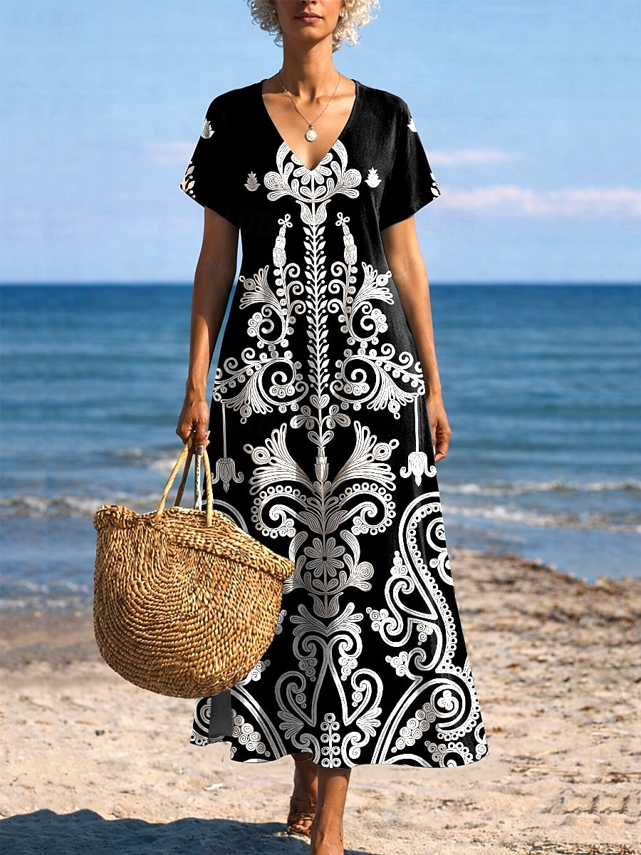 Femmes Robe Midi Robe d'Été Robe trapèze Vacances Occasionnel Boho Papillon Plage Coupe régulière Graphique Tribal Manche Courte Col Rond Bleu Bleu Ciel Or noir Noir Été Printemps de 2026 ? $27.99 –P6